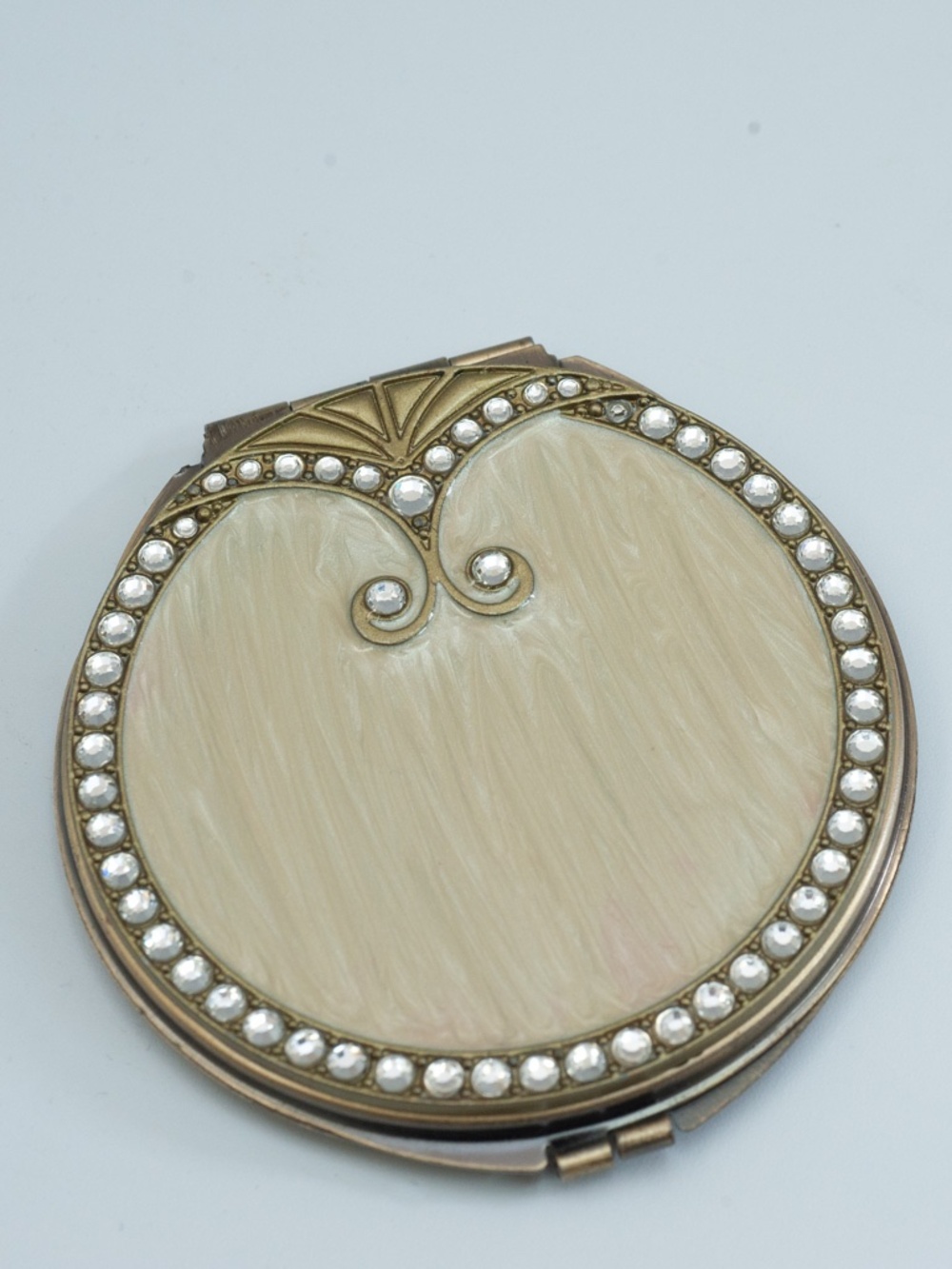 Vintage Gold, Beige Enamel and Crystal Mirror Compact